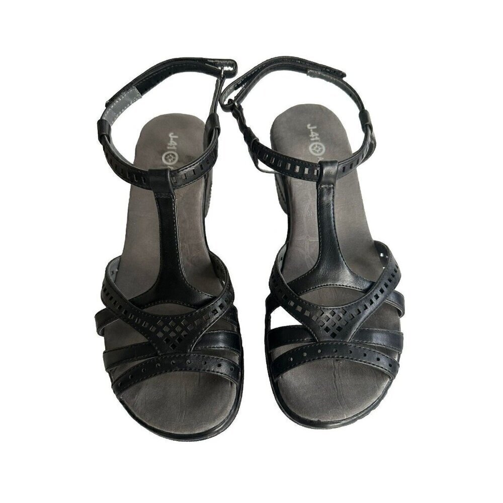 J-41 Sz 8 M Black Strappy Synthetic Wedge Heel Women Sandals Claire - Picture 2 of 8